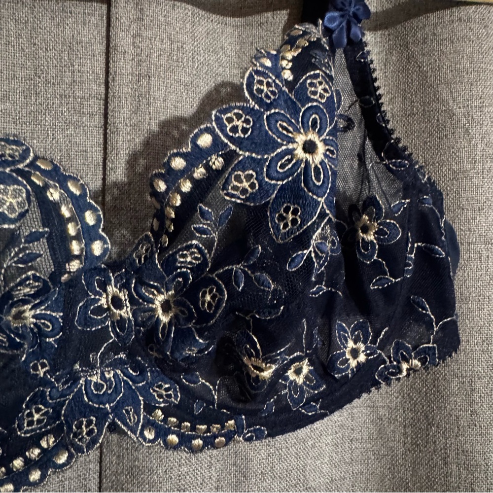 Maison Lejaby 38D Navy Blue Embroidered Lace Bra Sheer Floral Underwire Made in - Picture 2 of 6